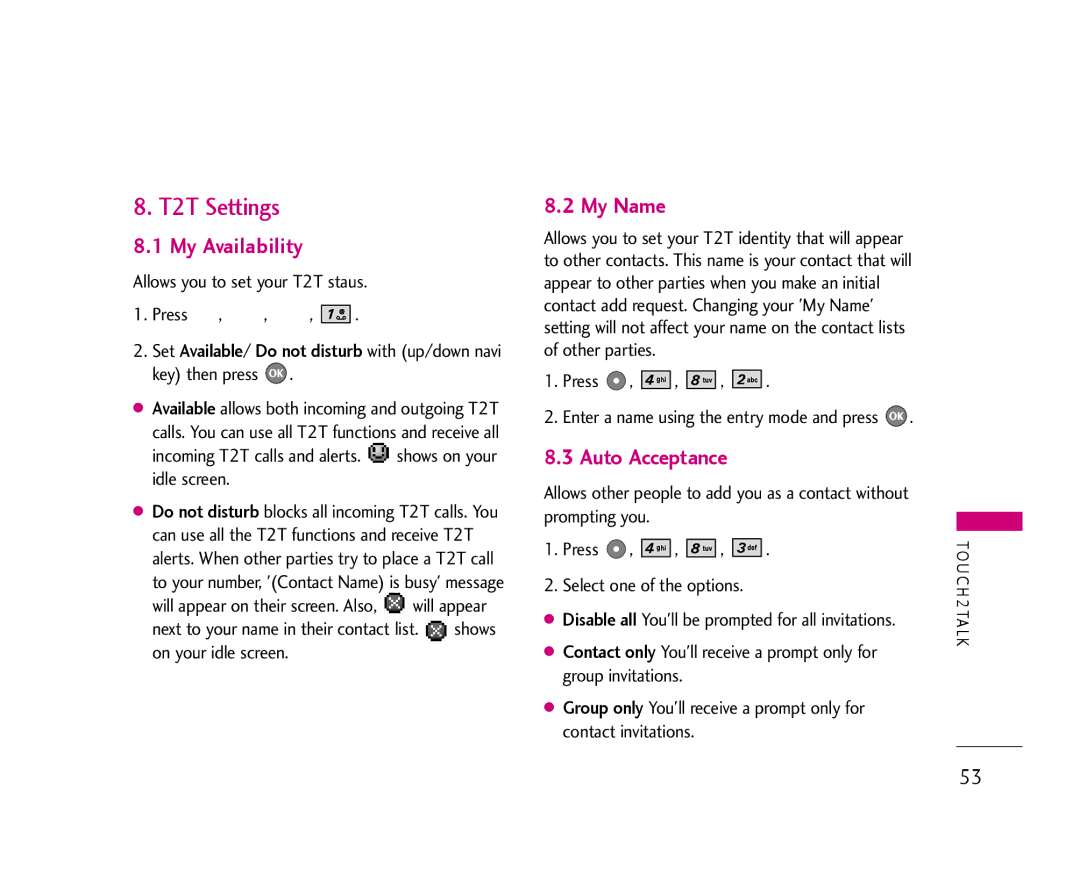 LG Electronics AX355 manual T2T Settings, My Availability, My Name, Auto Acceptance 