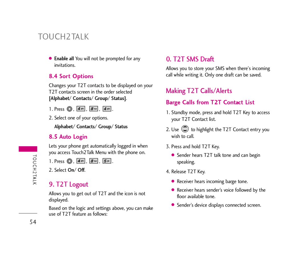 LG Electronics AX355 T2T SMS Draft, Making T2T Calls/Alerts, Sort Options, Auto Login, Barge Calls from T2T Contact List 