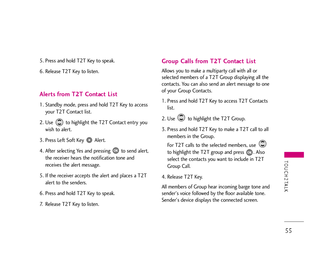 LG Electronics AX355 manual Alerts from T2T Contact List, Group Calls from T2T Contact List 