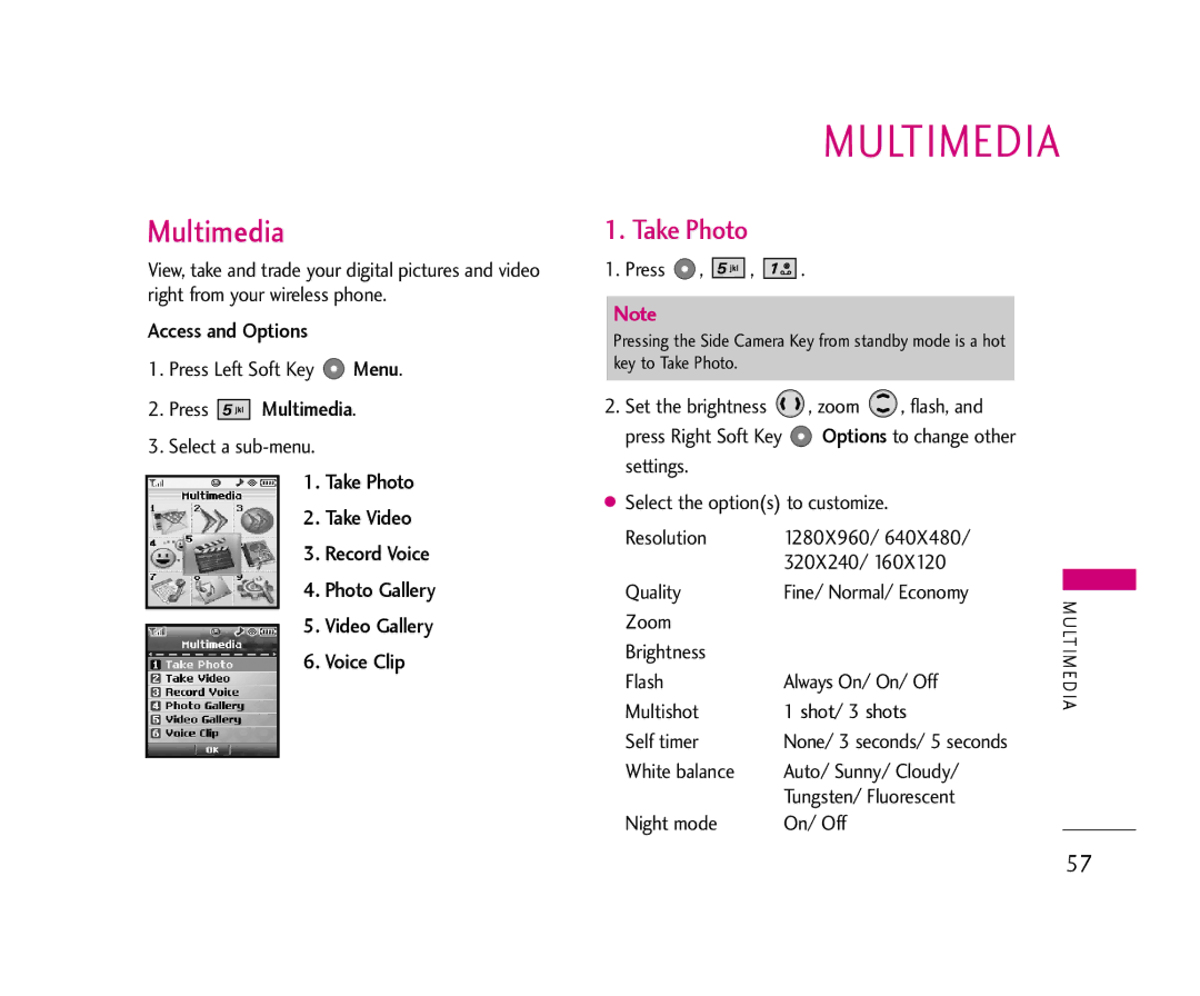 LG Electronics AX355 manual Take Photo, Access and Options, Press Multimedia 