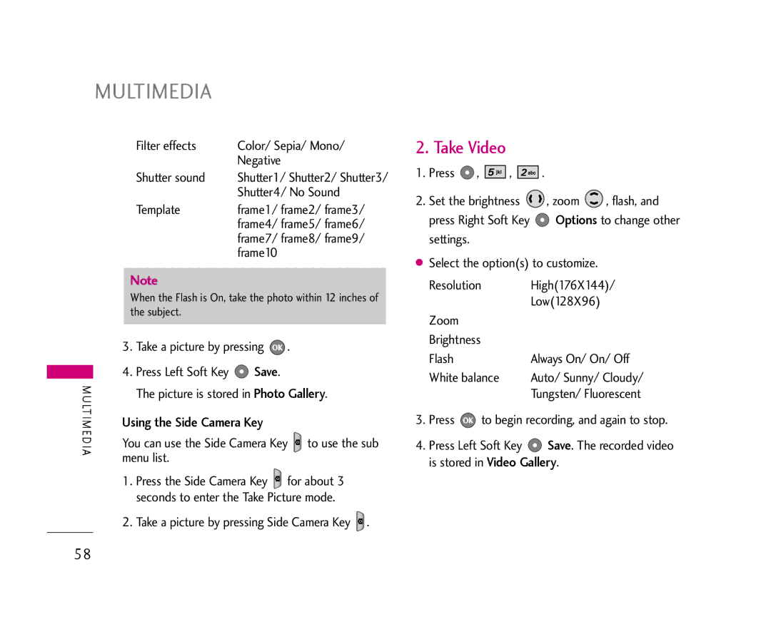 LG Electronics AX355 manual Multimedia, Take Video, Save, Using the Side Camera Key 