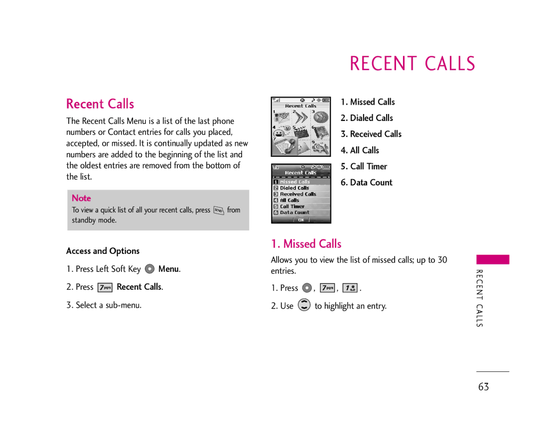 LG Electronics AX355 manual Recent Calls, Missed Calls 