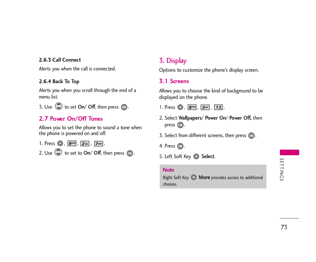 LG Electronics AX355 manual Display, Power On/Off Tones, Screens, Call Connect, Back To Top 