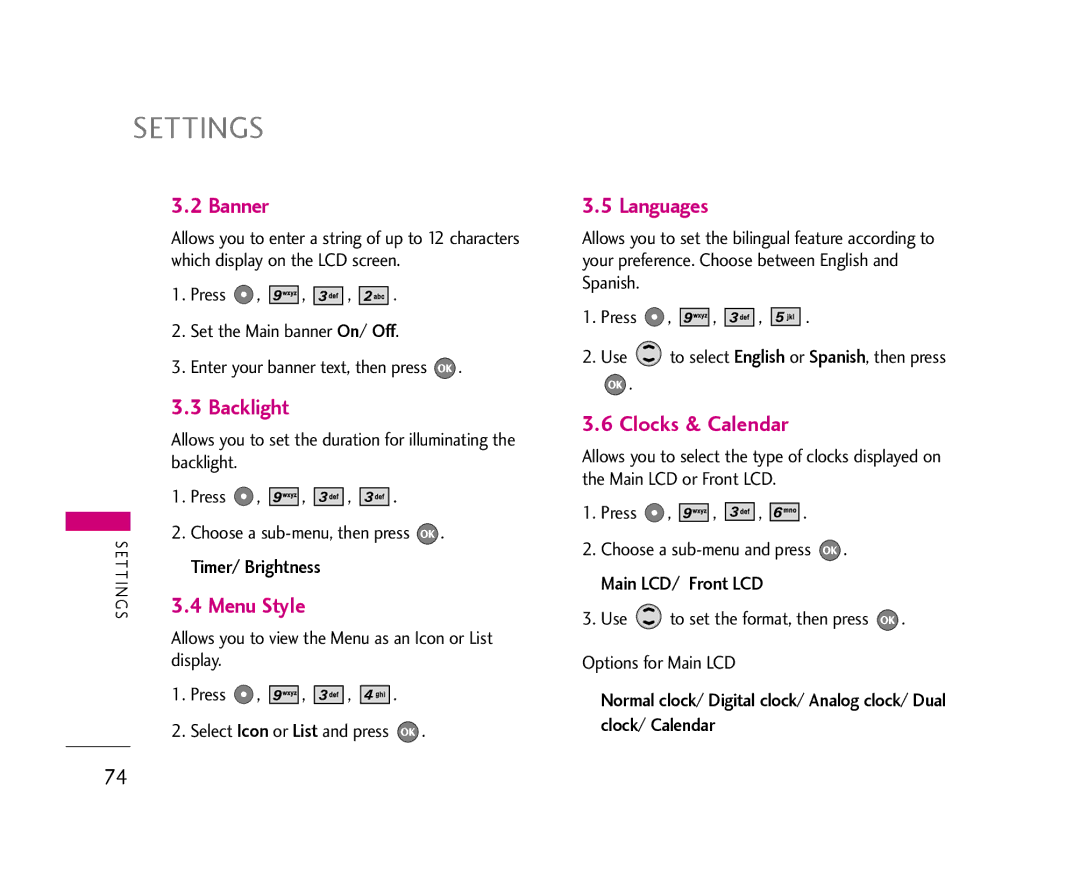 LG Electronics AX355 manual Banner, Backlight, Menu Style, Languages, Clocks & Calendar 