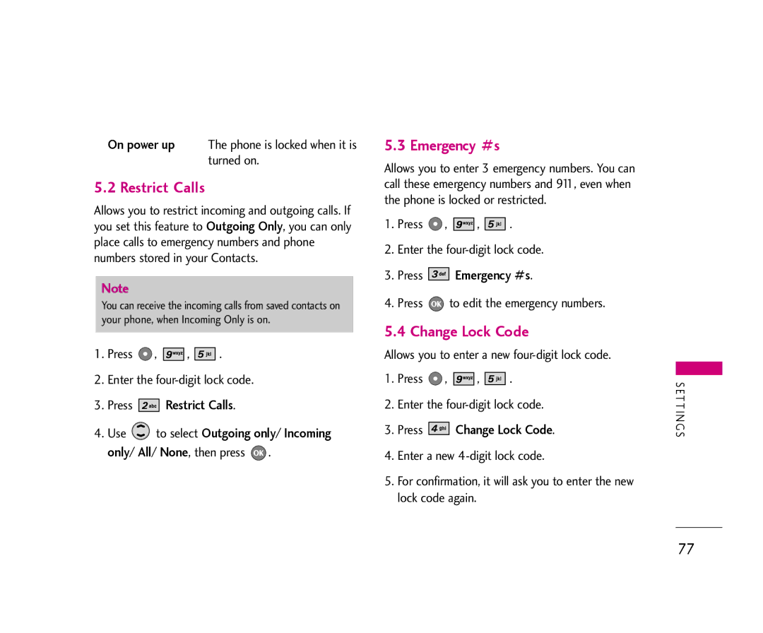 LG Electronics AX355 manual Restrict Calls, Emergency #s, Change Lock Code 