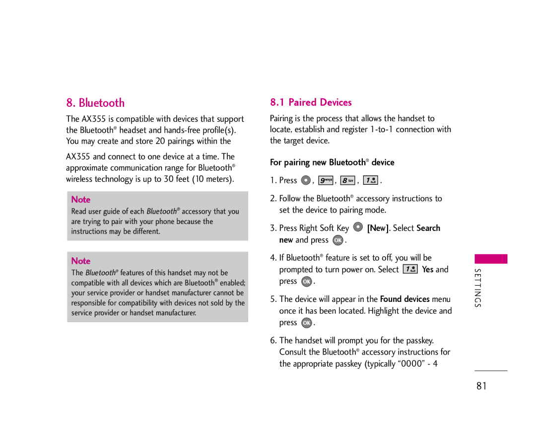 LG Electronics AX355 manual Paired Devices, For pairing new Bluetooth device 