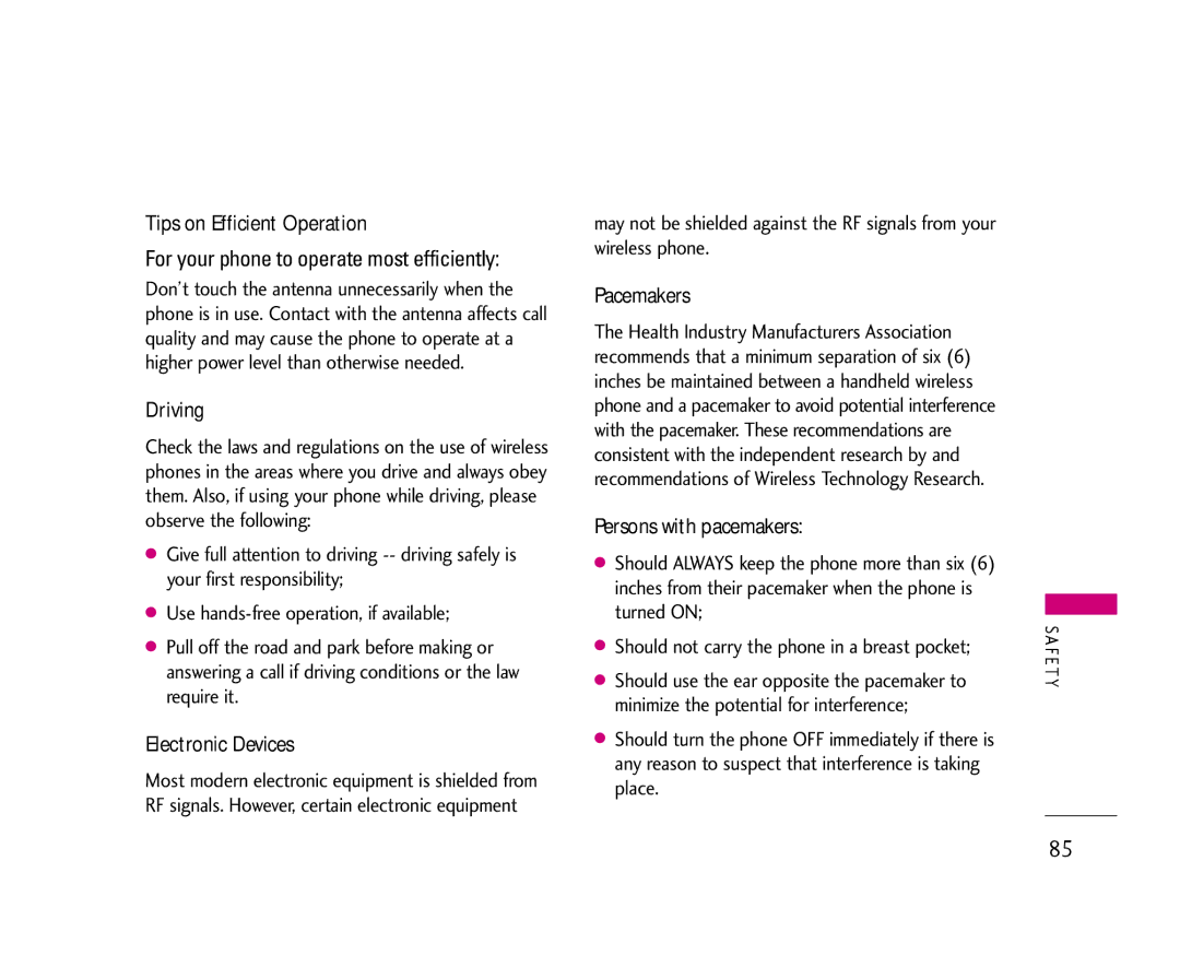 LG Electronics AX355 manual Tips on Efficient Operation, Driving, Electronic Devices, Pacemakers, Persons with pacemakers 