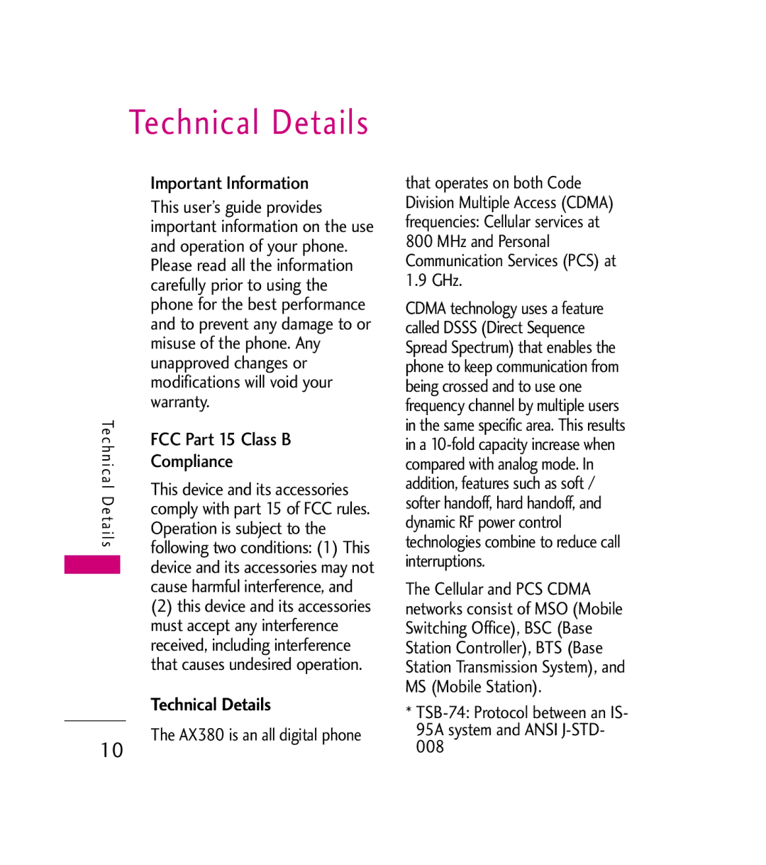 LG Electronics AX380 manual Important Information, FCC Part 15 Class B, Compliance, Technical Details 