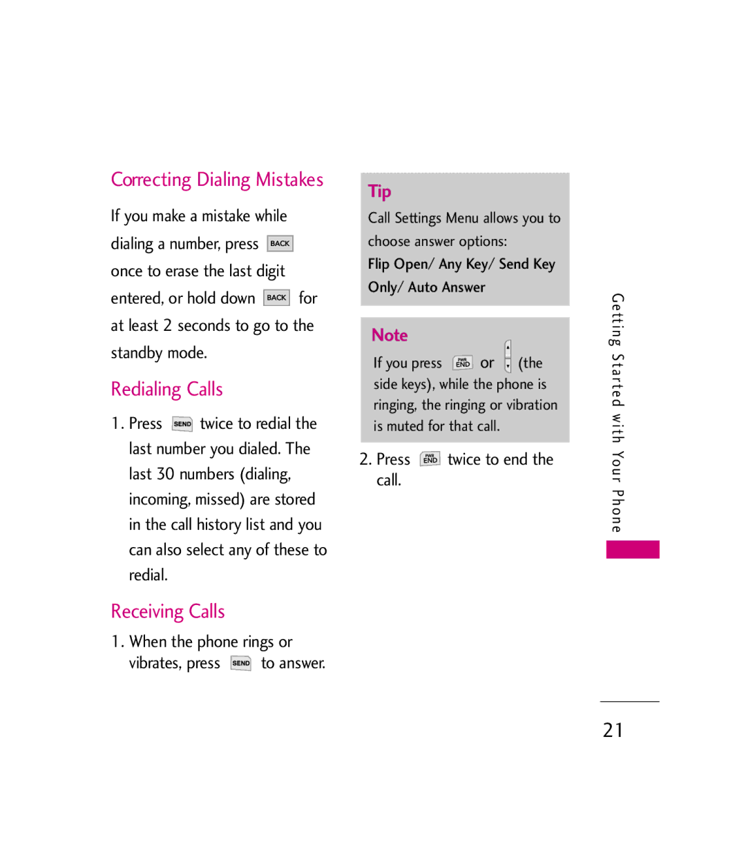 LG Electronics AX380 manual Redialing Calls, Receiving Calls, When the phone rings or, Press twice to end the call 