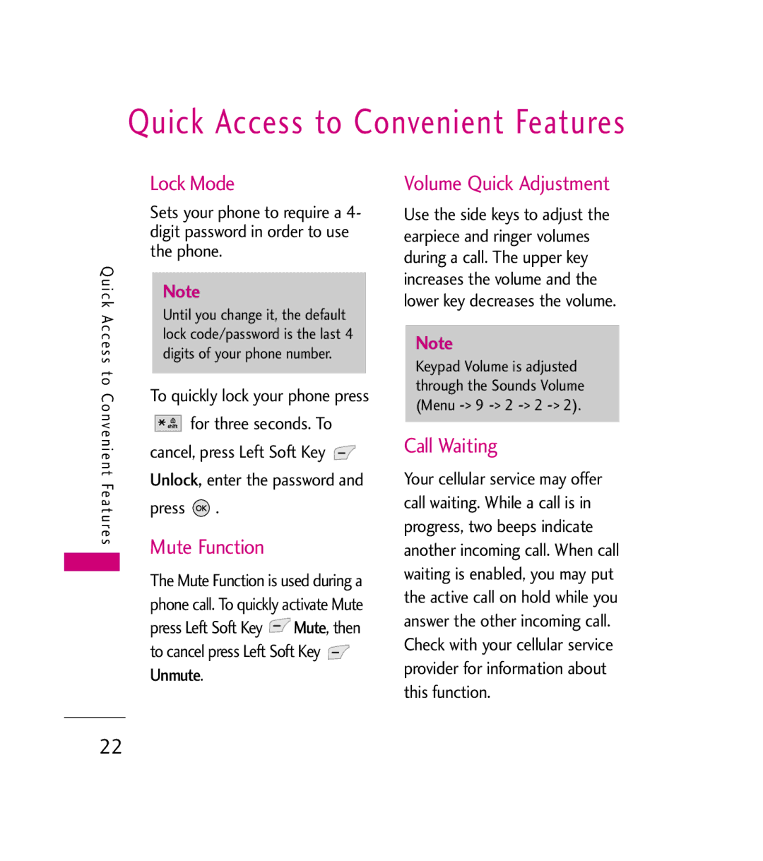 LG Electronics AX380 Lock Mode, Mute Function, Volume Quick Adjustment, Call Waiting, To quickly lock your phone press 