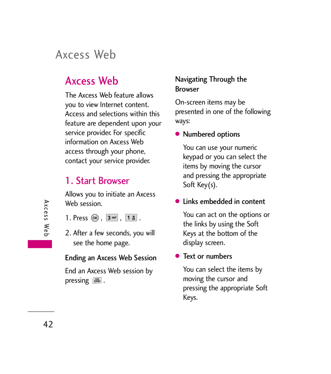 LG Electronics AX380 manual Axcess Web, Start Browser 