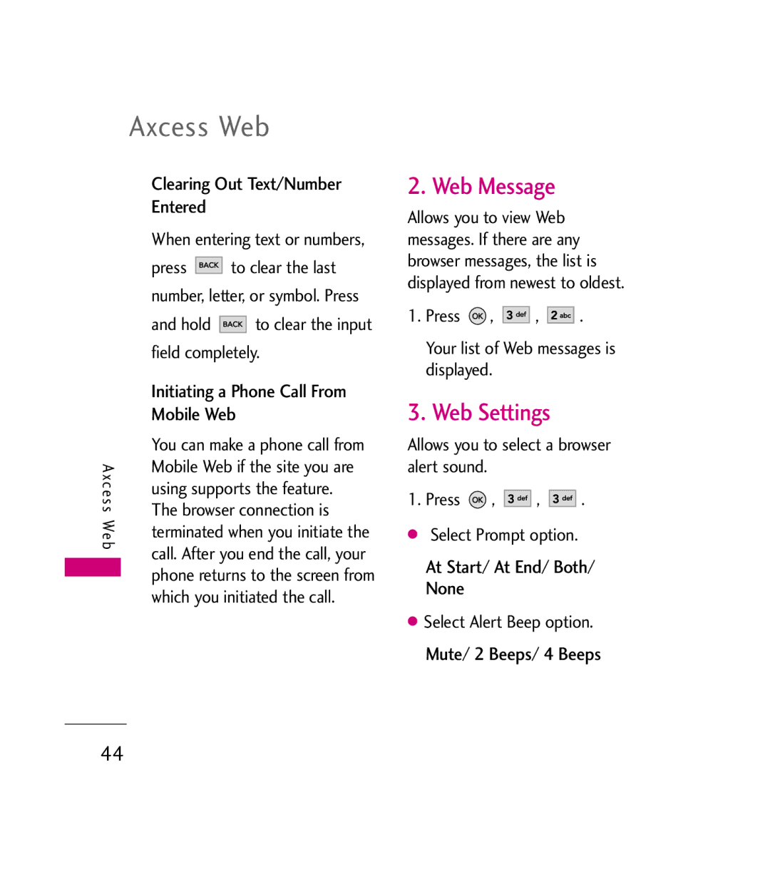 LG Electronics AX380 Web Message, Web Settings, Clearing Out Text/Number Entered, Mobile Web, At Start/ At End/ Both/ None 