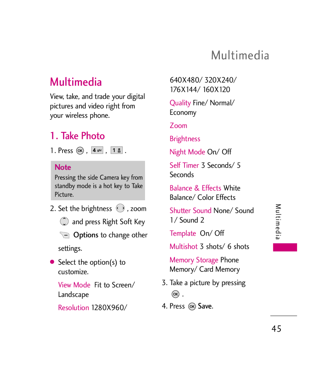 LG Electronics AX380 manual Multimedia, Take Photo, Save 