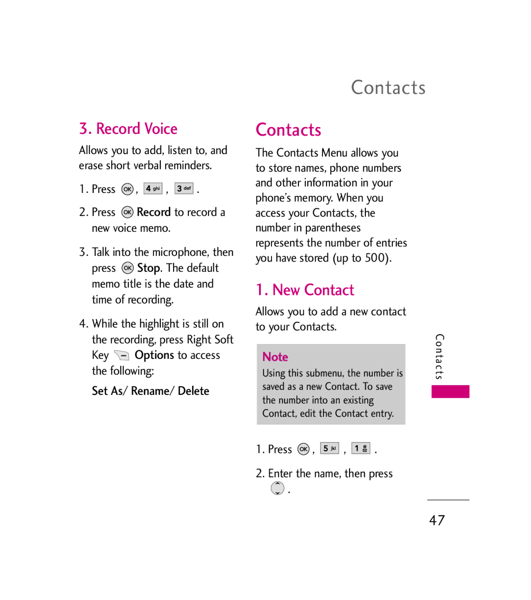 LG Electronics AX380 manual Contacts, Record Voice, New Contact, Set As/ Rename/ Delete 