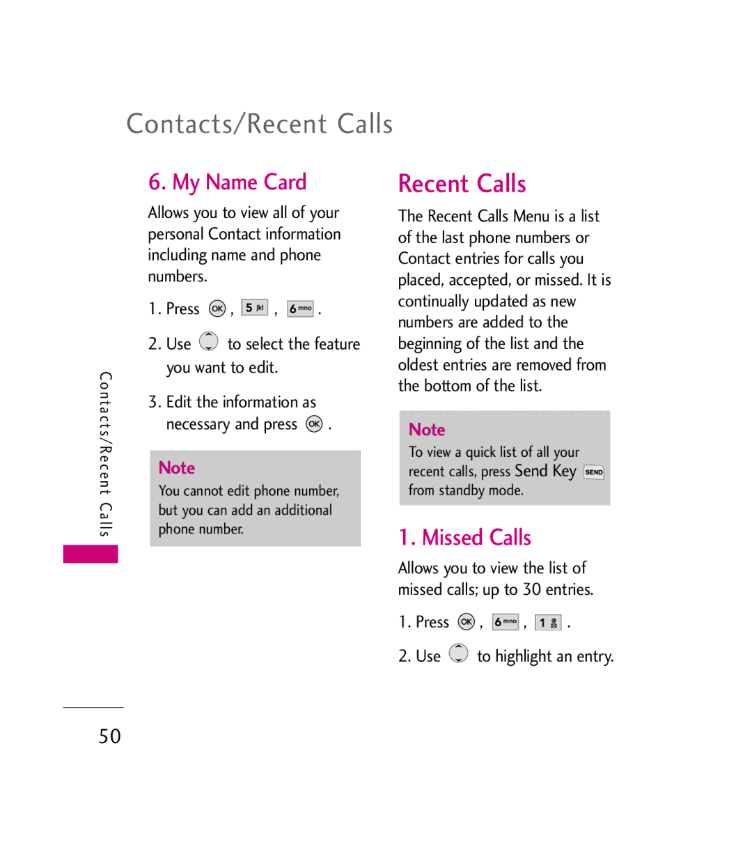 LG Electronics AX380 Contacts/Recent Calls, My Name Card, Missed Calls, Press Use to select the feature you want to edit 