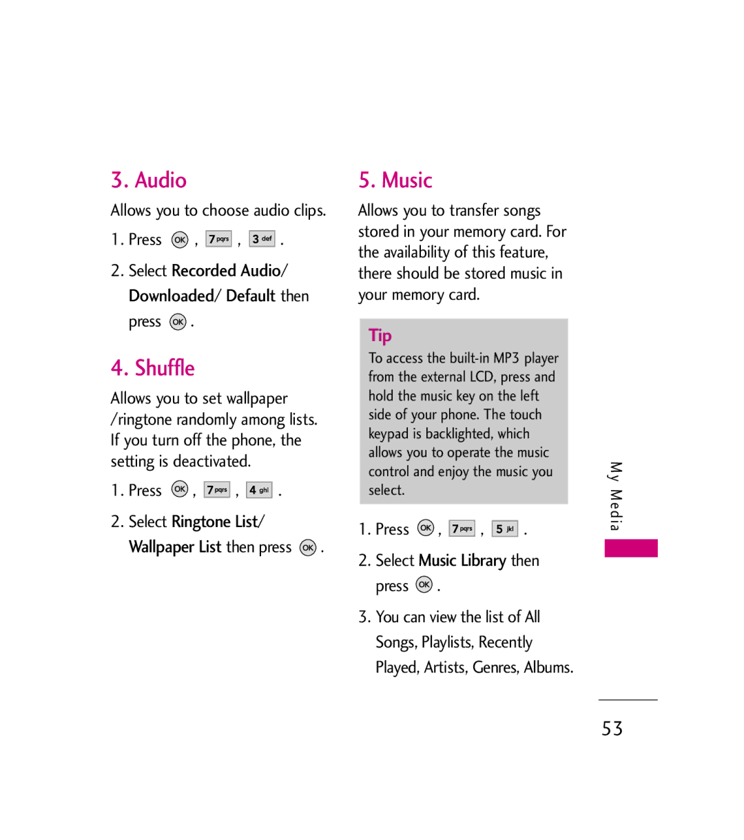 LG Electronics AX380 manual Shuffle, Music, Press Select Recorded Audio/ Downloaded/ Default then press 