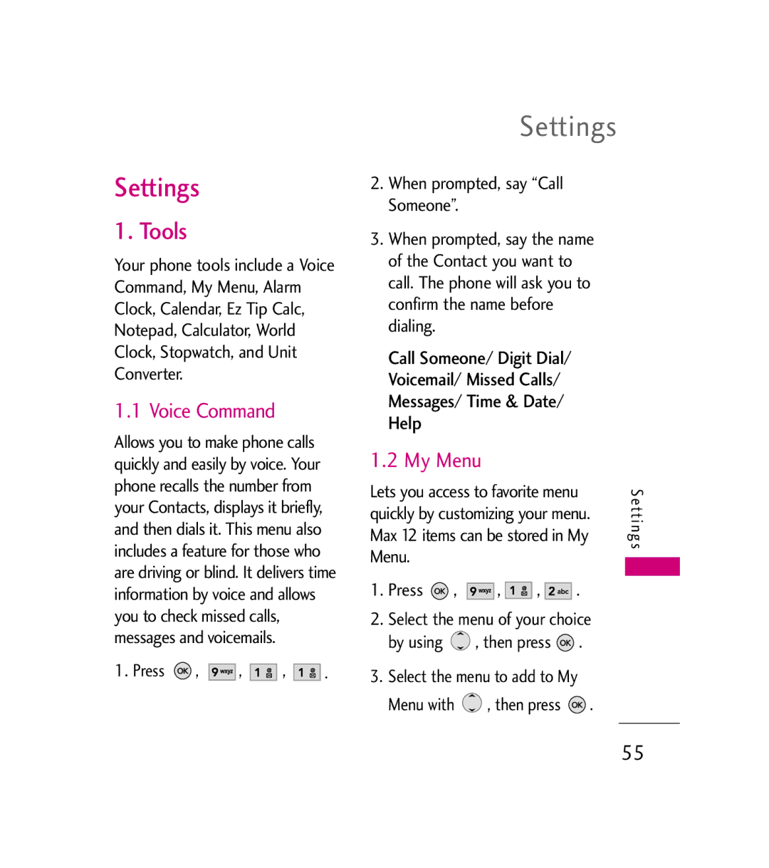 LG Electronics AX380 manual Settings, Tools, Voice Command, My Menu 