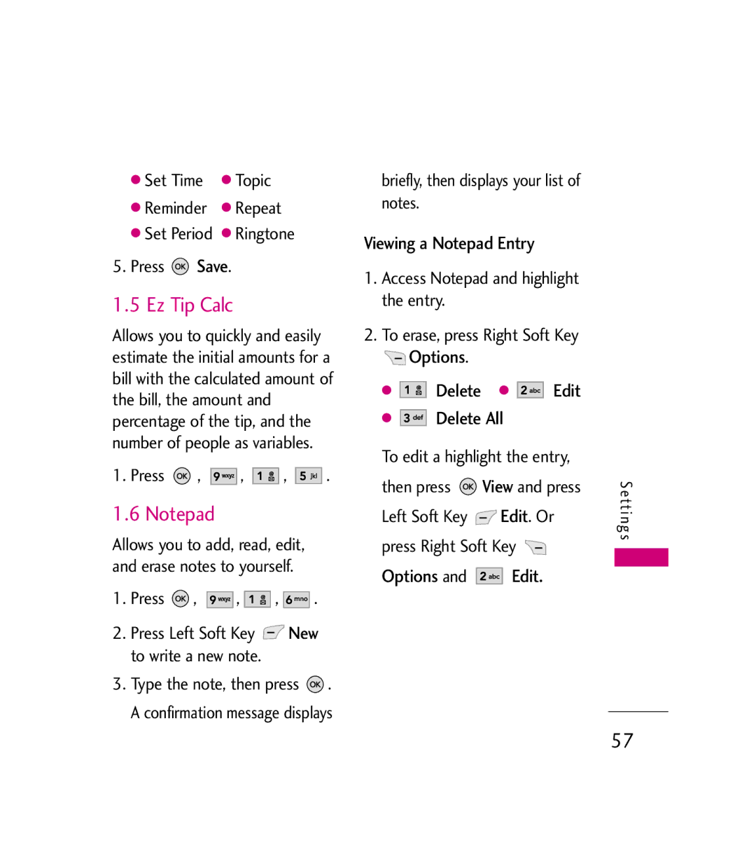 LG Electronics AX380 manual Ez Tip Calc, Viewing a Notepad Entry, Options Delete Edit Delete All, Options and Edit 