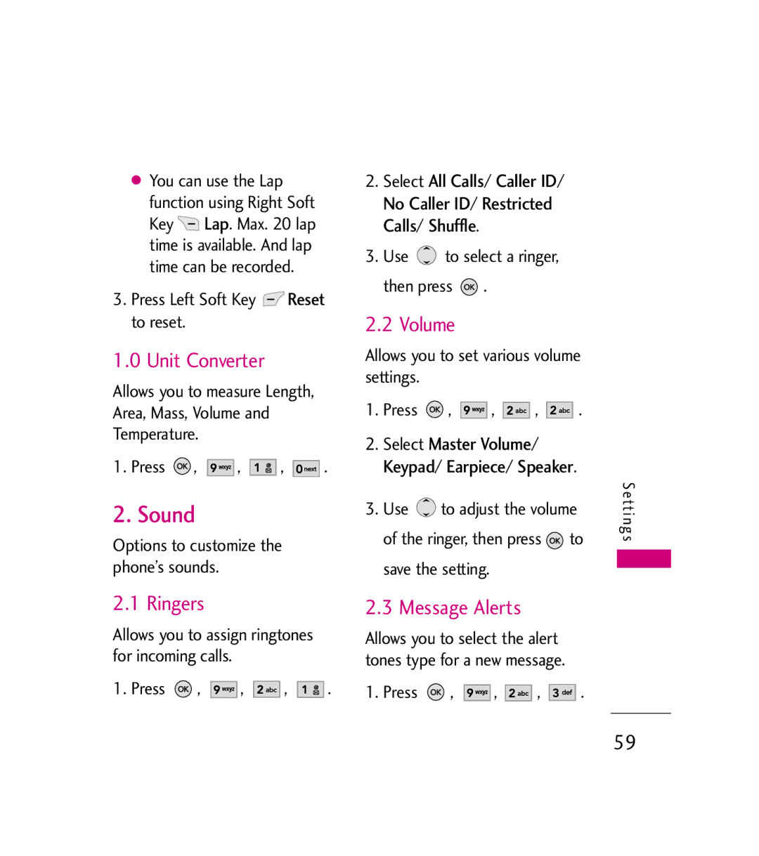 LG Electronics AX380 manual Sound, Unit Converter, Ringers, Volume, Message Alerts 