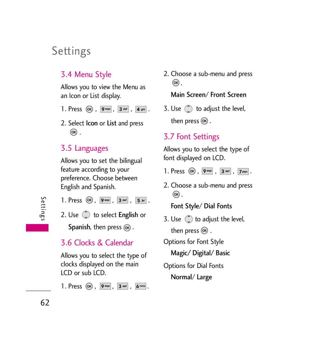 LG Electronics AX380 manual Menu Style, Languages, Clocks & Calendar, Font Settings 