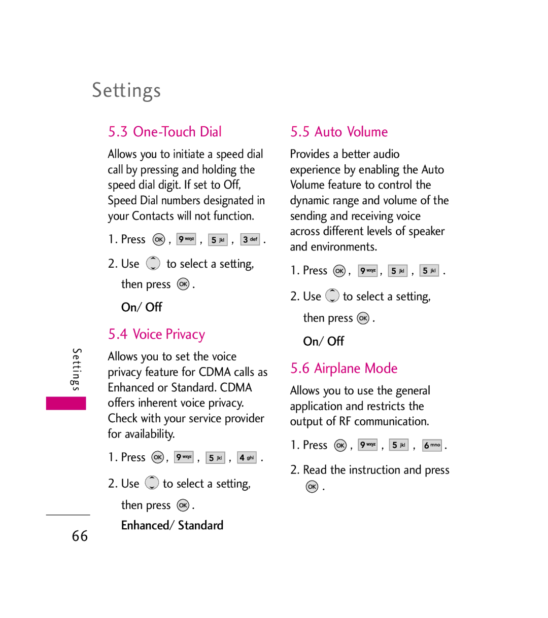 LG Electronics AX380 manual One-Touch Dial, Auto Volume, Airplane Mode, On/ Off, Enhanced/ Standard 