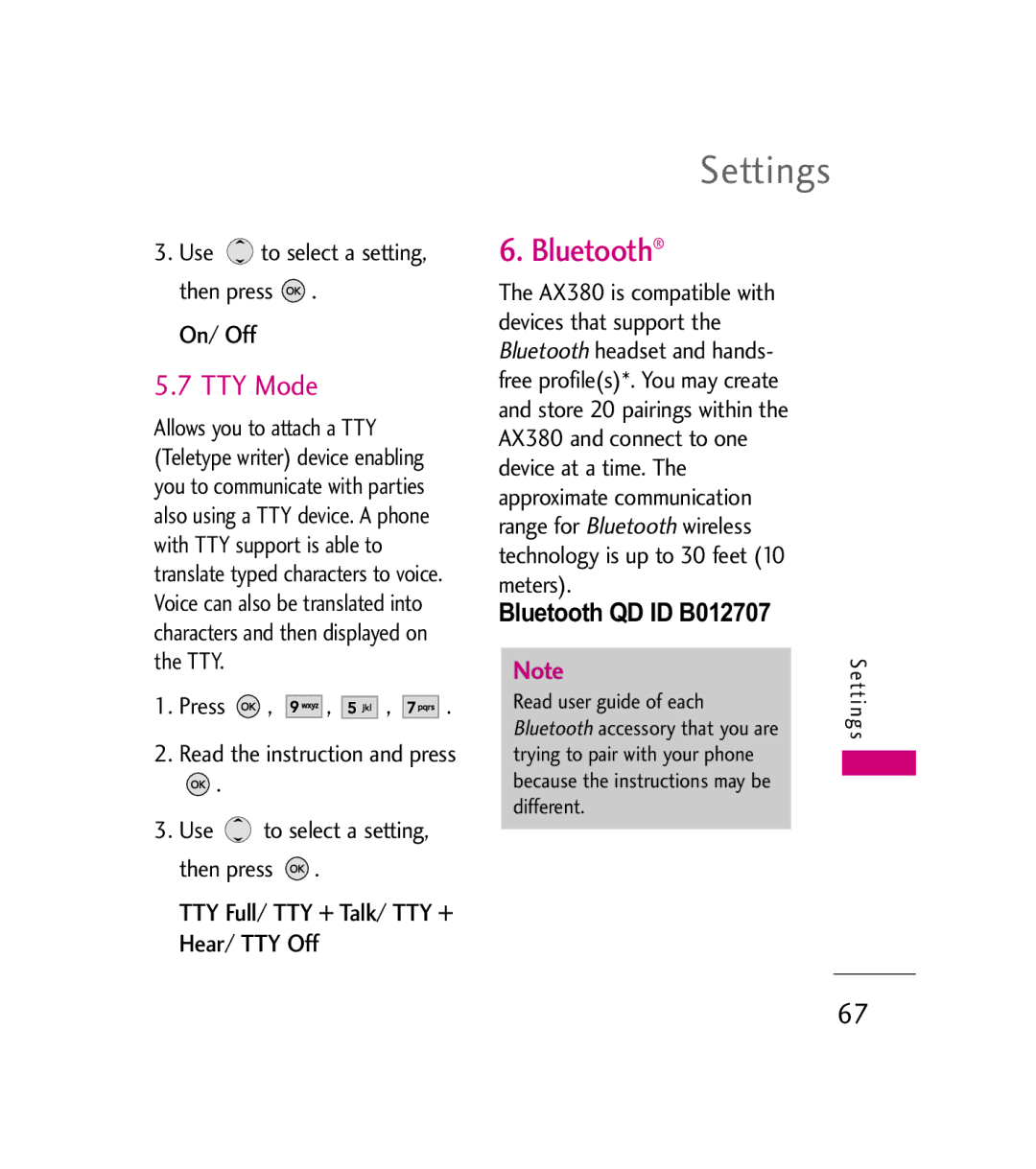 LG Electronics AX380 manual TTY Mode, TTY Full/ TTY + Talk/ TTY + Hear/ TTY Off, Bluetooth QD ID B012707 