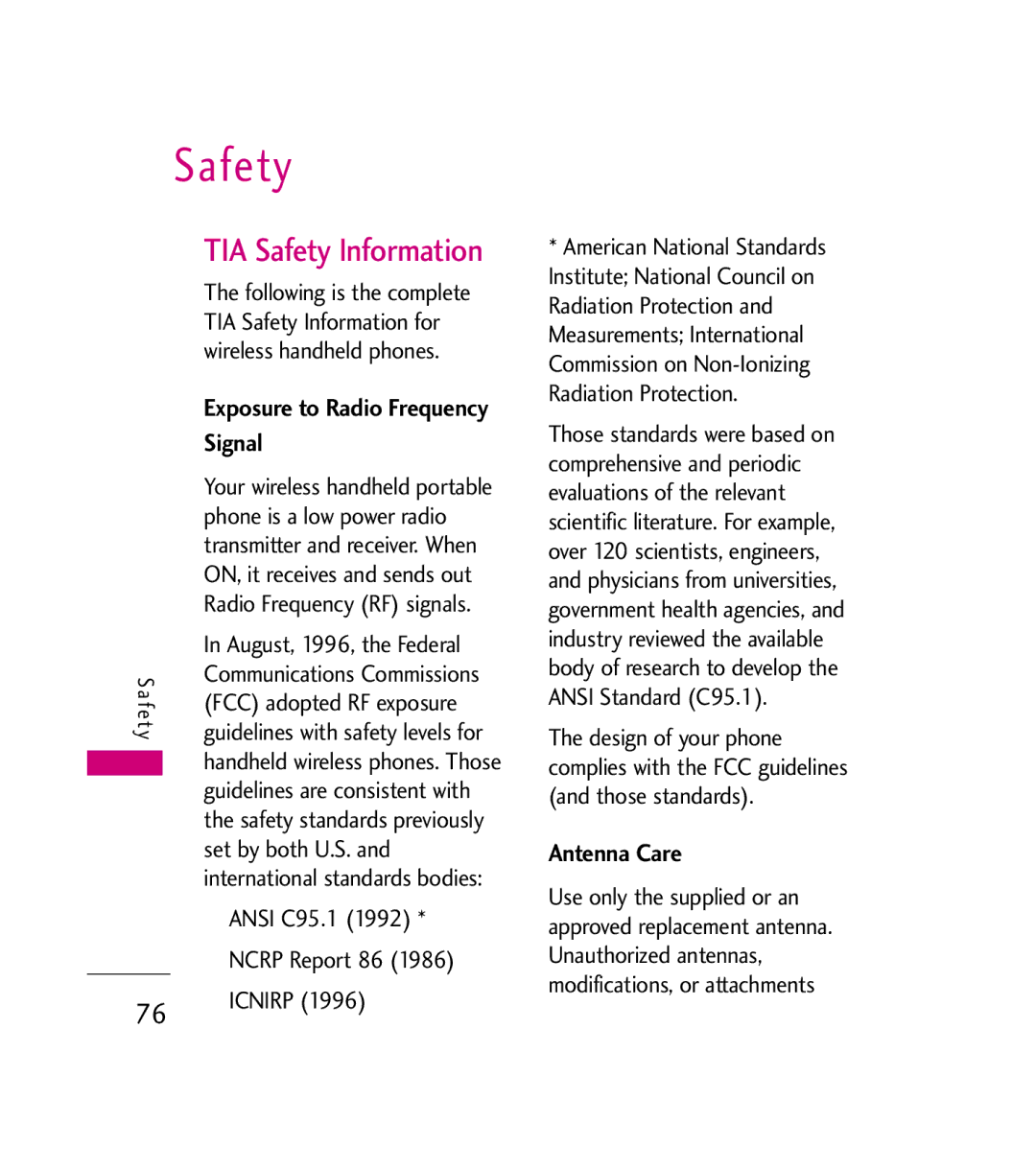 LG Electronics AX380 manual TIA Safety Information, Signal, Antenna Care 