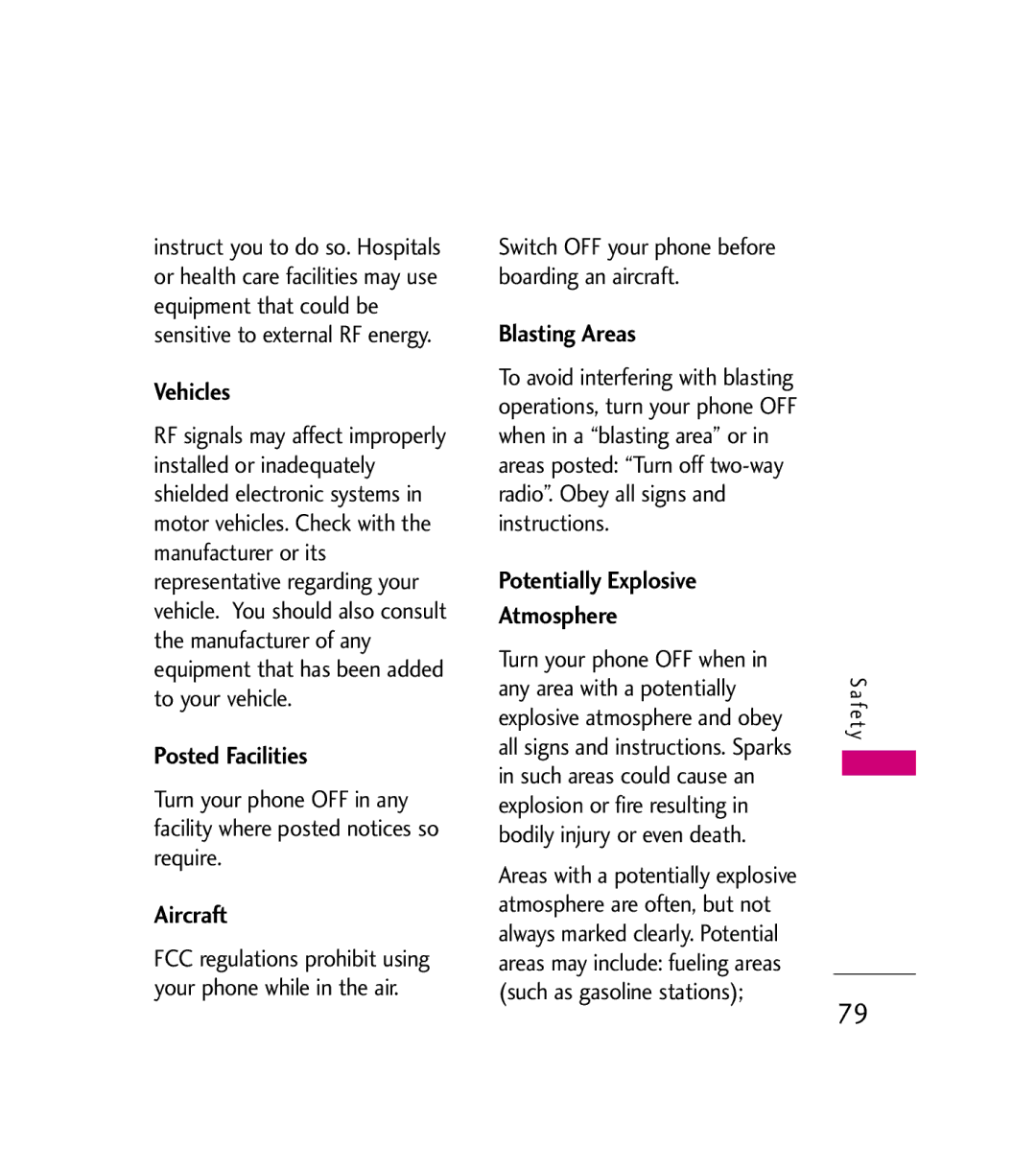 LG Electronics AX380 manual Vehicles, Posted Facilities, Aircraft, Blasting Areas, Potentially Explosive Atmosphere 