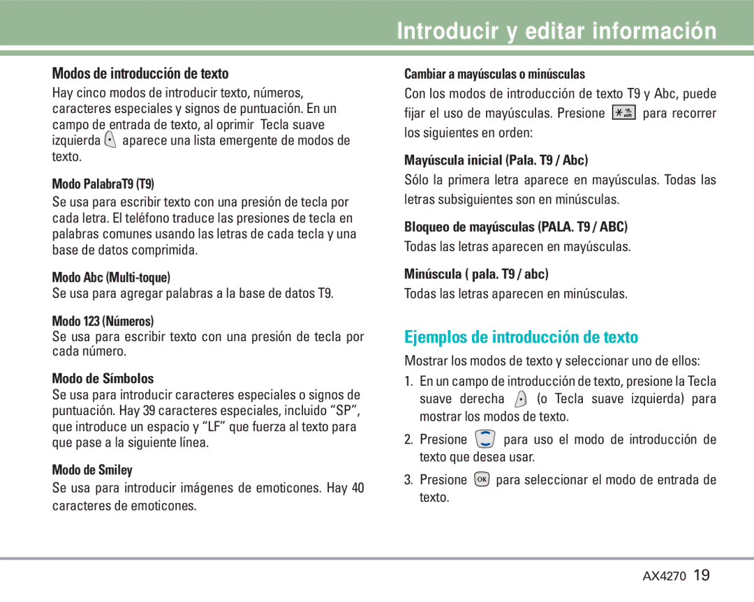 LG Electronics AX4270 Introducir y editar información, Ejemplos de introducción de texto, Modos de introducción de texto 