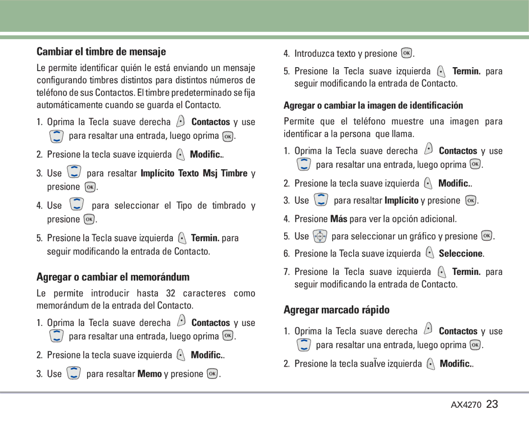 LG Electronics AX4270 manual Cambiar el timbre de mensaje, Agregar o cambiar el memorándum, Agregar marcado rápido 