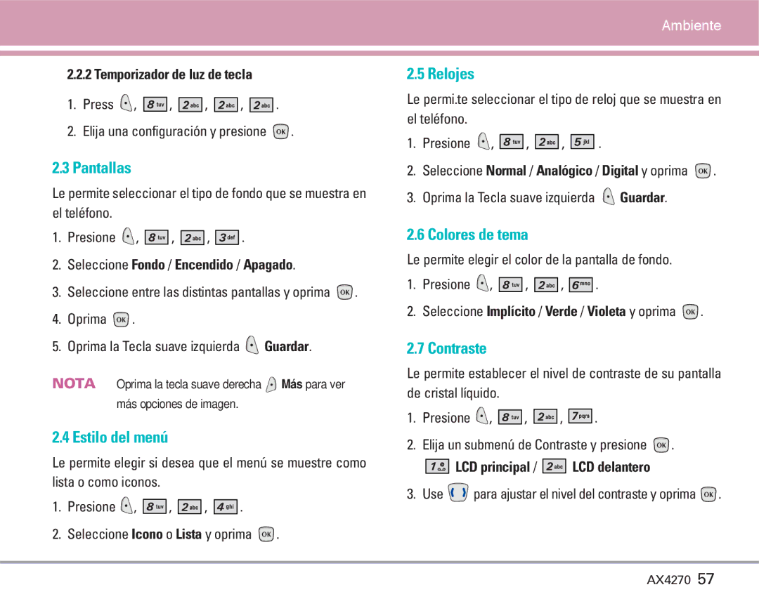 LG Electronics AX4270 manual Pantallas, Estilo del menú, Relojes, Colores de tema, Contraste 