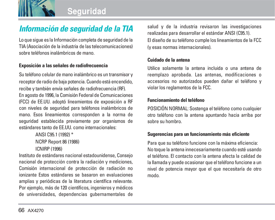 LG Electronics AX4270 manual Seguridad, Exposición a las señales de radiofrecuencia, Cuidado de la antena 