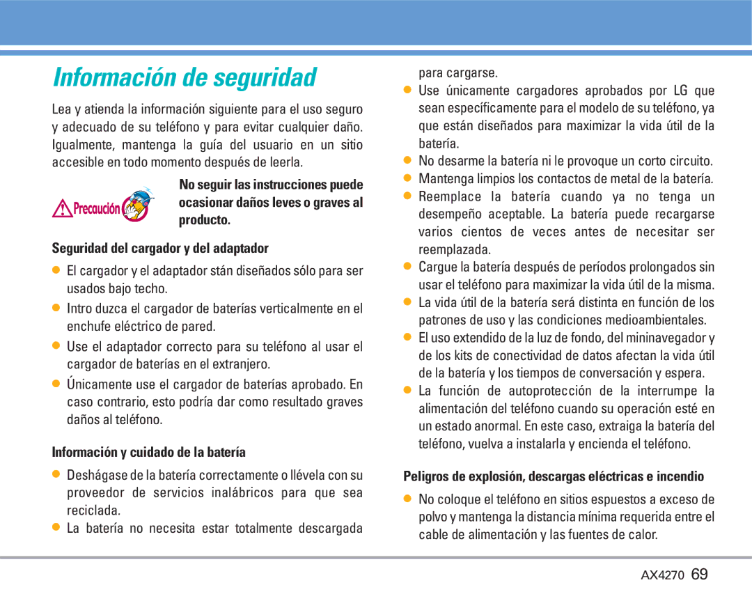 LG Electronics AX4270 manual Información de seguridad, Seguridad del cargador y del adaptador 