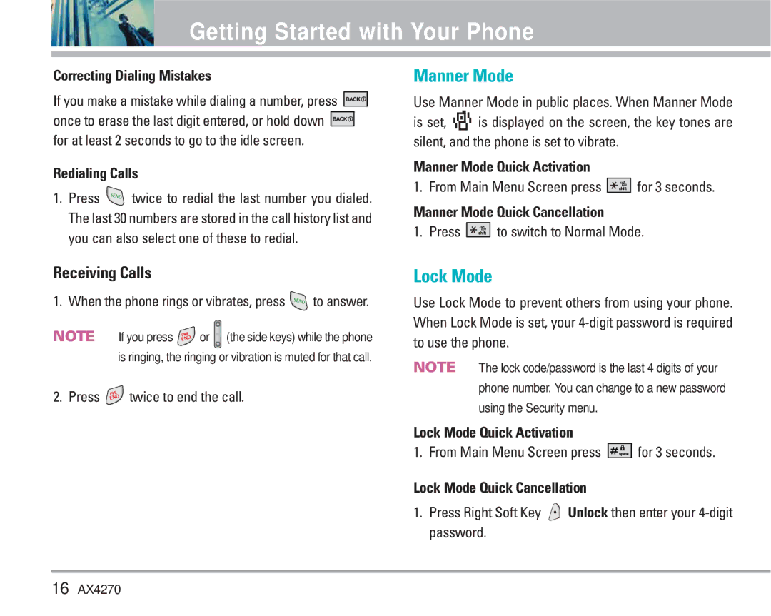 LG Electronics AX4270 manual Manner Mode, Lock Mode, Receiving Calls 