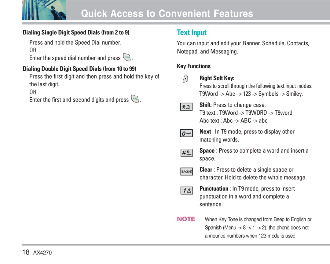 LG Electronics AX4270 Text Input, Dialing Single Digit Speed Dials from 2 to, Dialing Double Digit Speed Dials from 10 to 