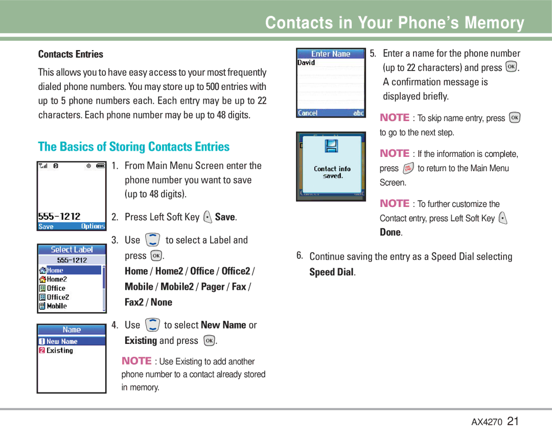 LG Electronics AX4270 manual Contacts in Your Phone’s Memory, Basics of Storing Contacts Entries, Done 