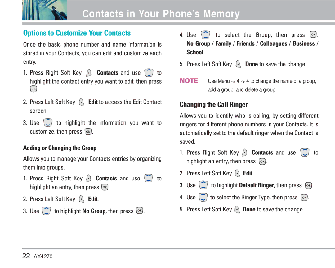 LG Electronics AX4270 Options to Customize Your Contacts, Changing the Call Ringer, Adding or Changing the Group, School 