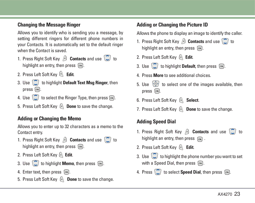 LG Electronics AX4270 manual Changing the Message Ringer, Adding or Changing the Memo, Adding or Changing the Picture ID 