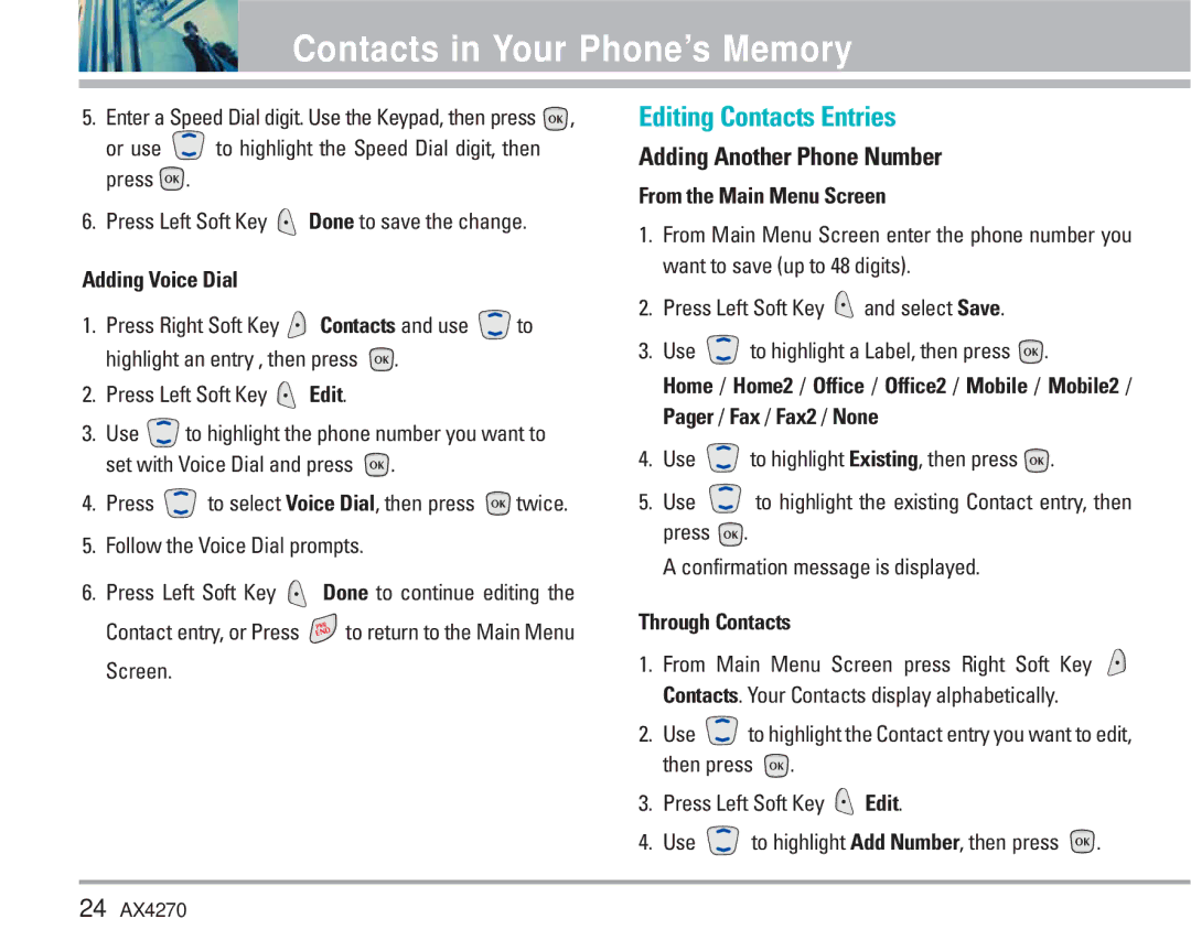 LG Electronics AX4270 Editing Contacts Entries, Adding Another Phone Number, Adding Voice Dial, From the Main Menu Screen 