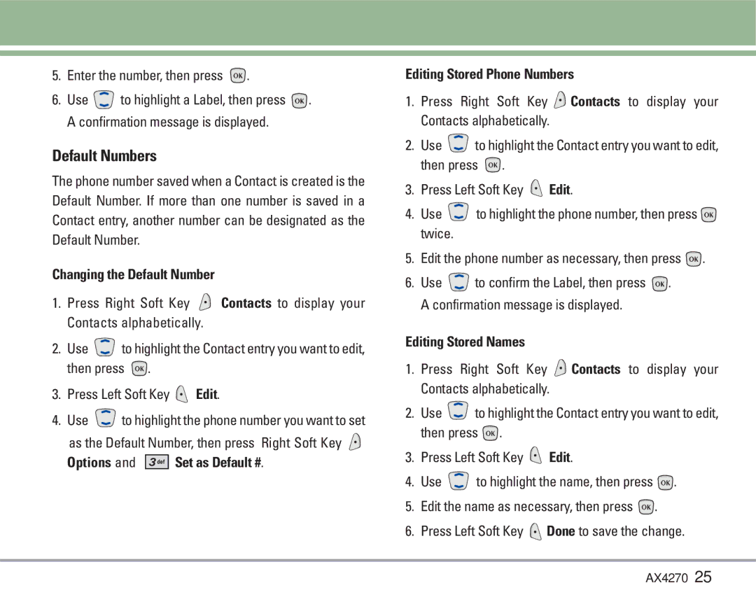 LG Electronics AX4270 Default Numbers, Enter the number, then press, Changing the Default Number, Editing Stored Names 