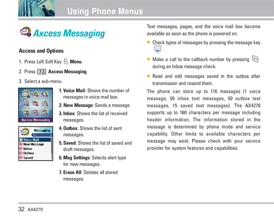 LG Electronics AX4270 manual Access and Options, Press Axcess Messaging, Select a sub-menu 