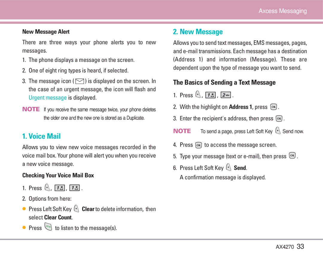 LG Electronics AX4270 manual Basics of Sending a Text Message, New Message Alert, Checking Your Voice Mail Box 