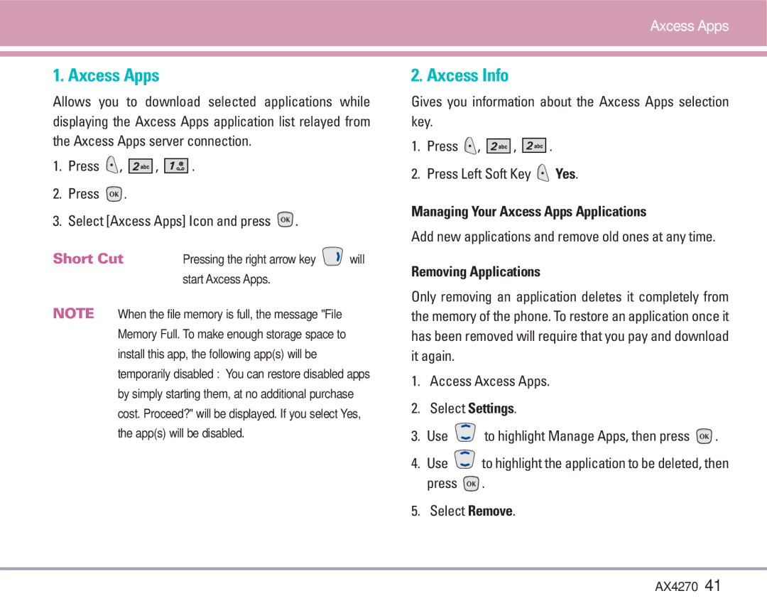 LG Electronics AX4270 manual Axcess Info, Managing Your Axcess Apps Applications, Removing Applications 