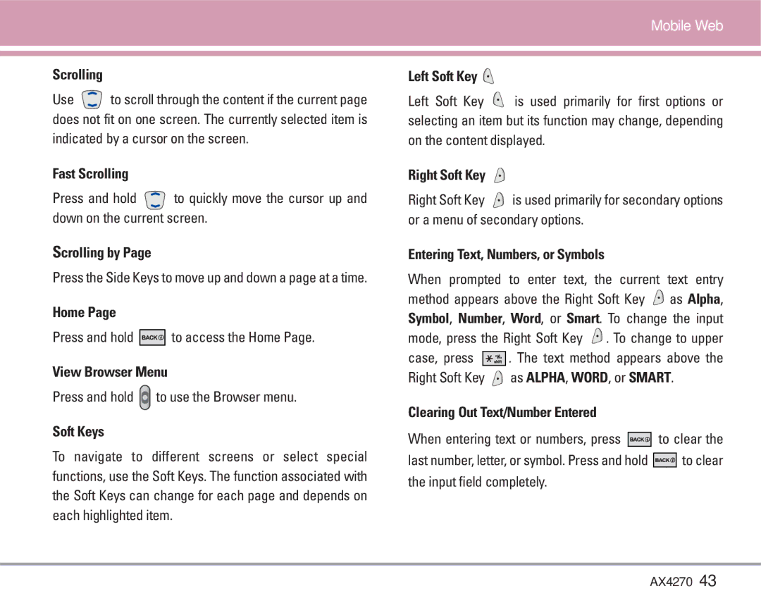 LG Electronics AX4270 manual Fast Scrolling, Scrolling by, Home, View Browser Menu, Soft Keys, Left Soft Key 