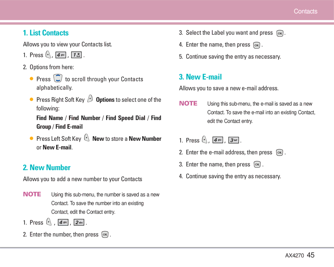 LG Electronics AX4270 manual List Contacts, Press Left Soft Key New to store a New Number or New E-mail 