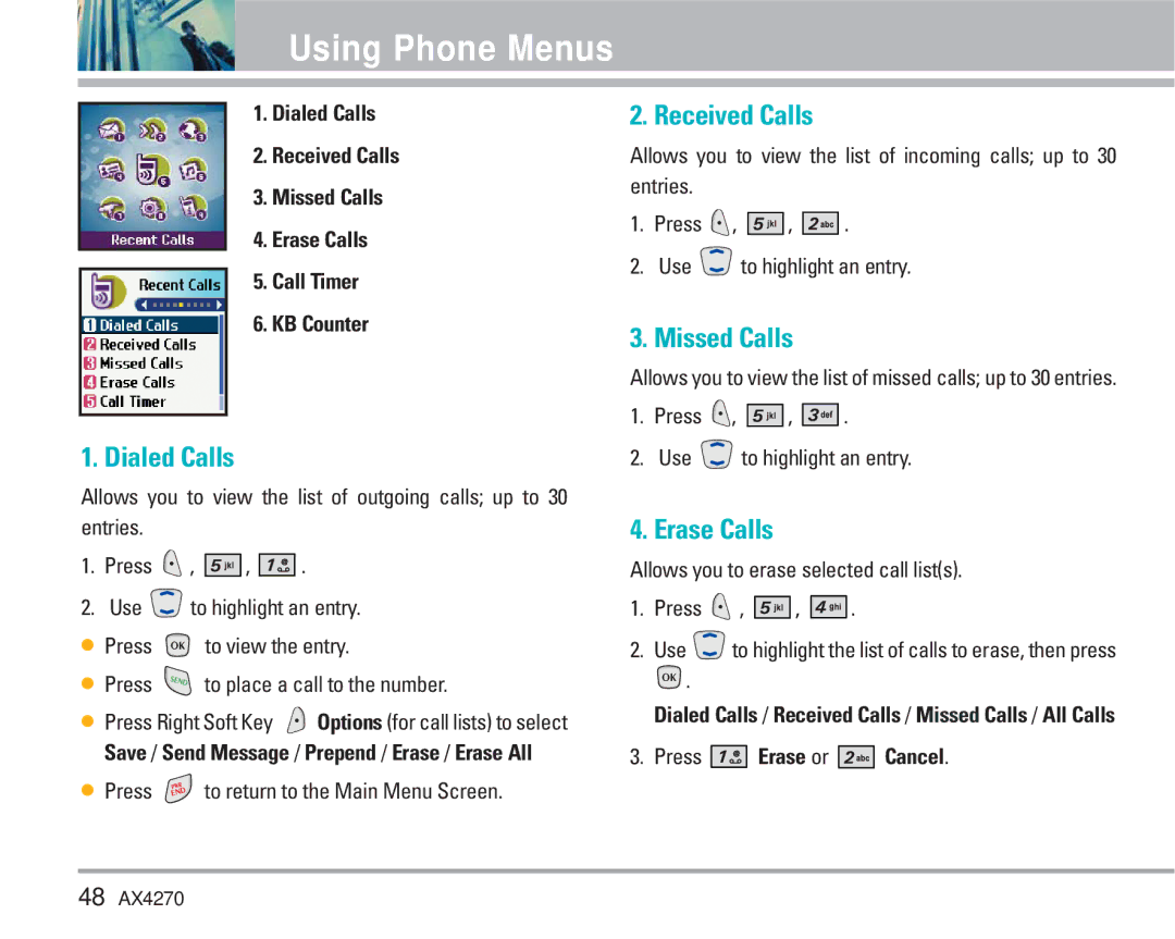 LG Electronics AX4270 manual Received Calls, Missed Calls, Erase Calls, Press Erase or Cancel 