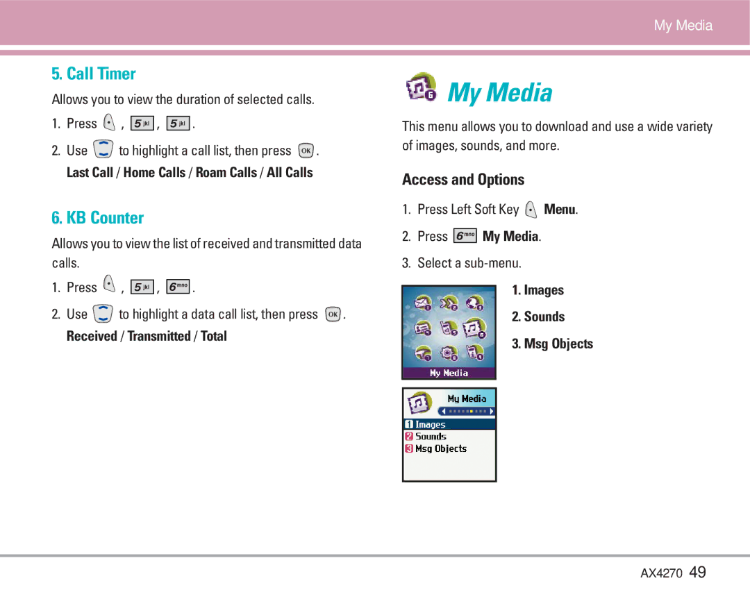 LG Electronics AX4270 manual Call Timer, KB Counter, Press My Media, Images Sounds Msg Objects 