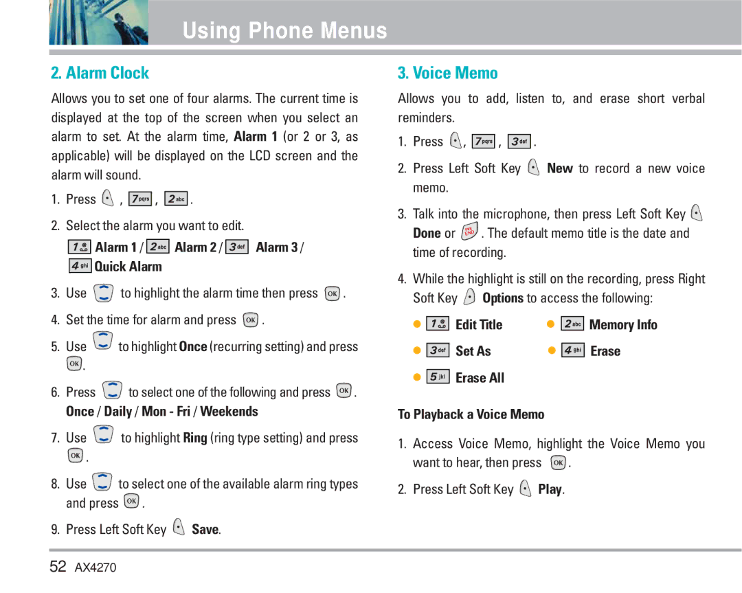 LG Electronics AX4270 manual Alarm Clock, Quick Alarm, Edit Title, Set As Erase Erase All To Playback a Voice Memo 