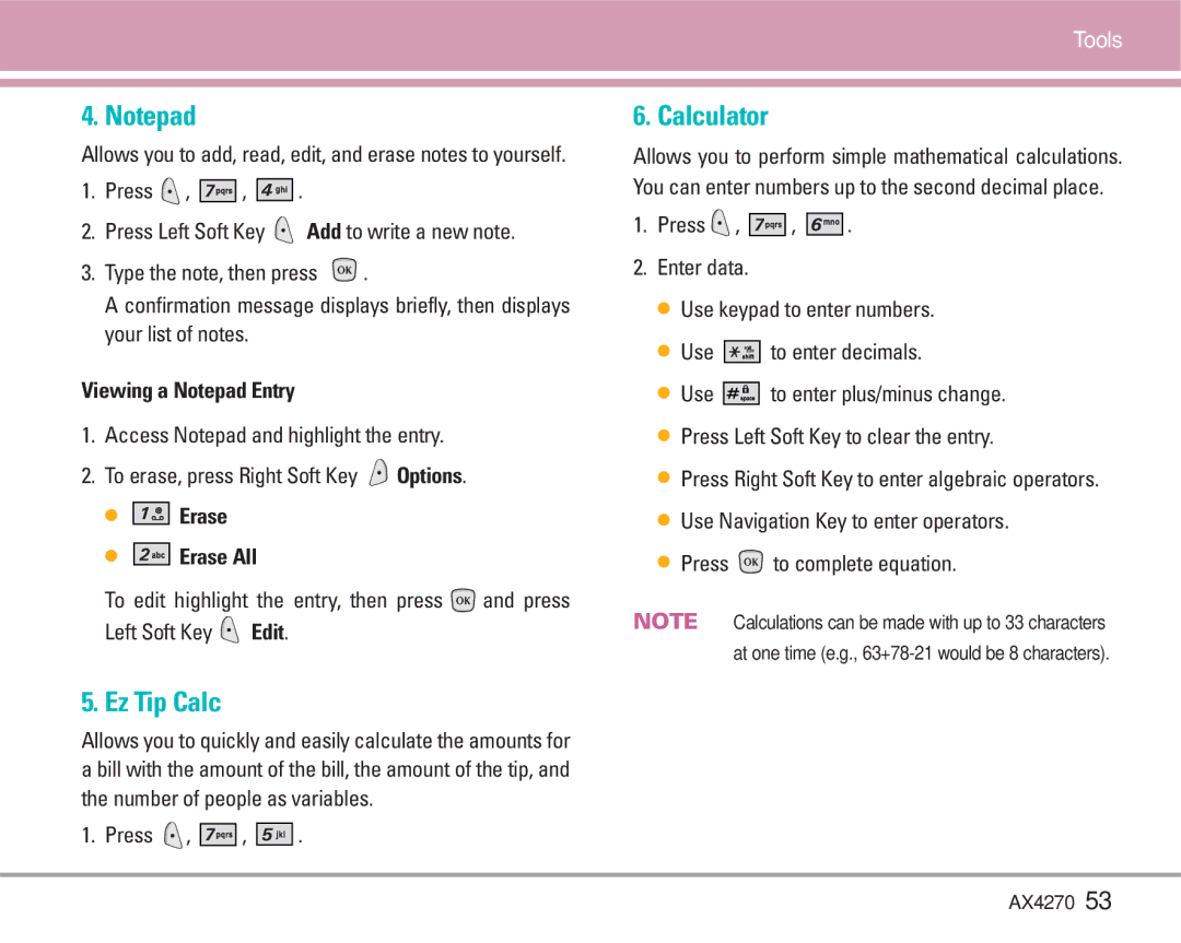 LG Electronics AX4270 manual Ez Tip Calc, Calculator, Viewing a Notepad Entry, Erase Erase All 