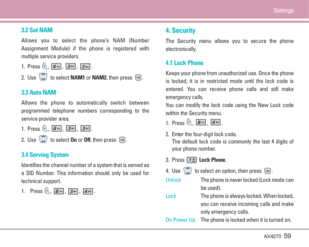 LG Electronics AX4270 manual Security, Set NAM, Auto NAM, Serving System, Lock Phone 